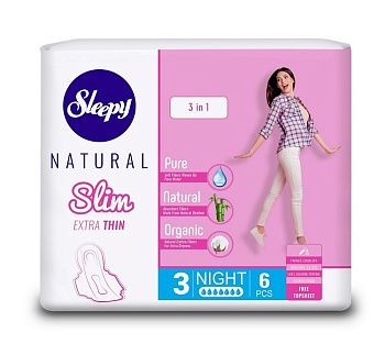 Прокладки гигиенические женские Natural Slim Extra Thin 3 в 1 Night супертонкие (6 штук), Sleepy