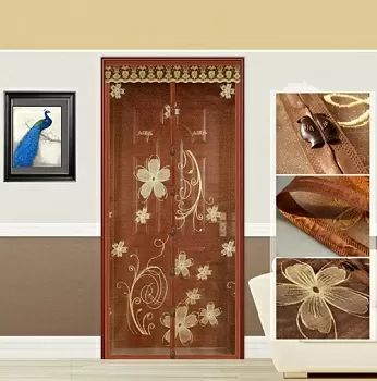 Штора антимоскитная на дверь на магнитах (коричневая, вышивка цветы) 100x210 см