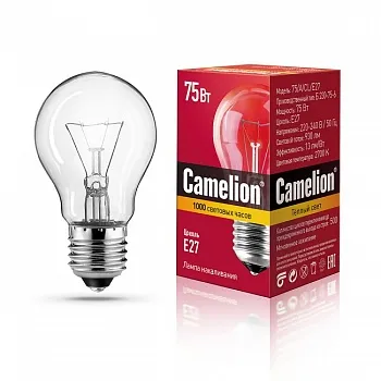 Лампа накаливания с прозрачной колбой 75/A/CL/E27 Camelion