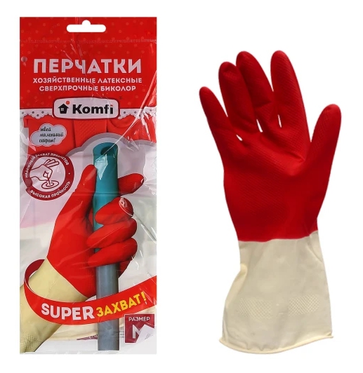 Перчатки латексные хозяйственные сверхпрочные биколор размер М, Komfi