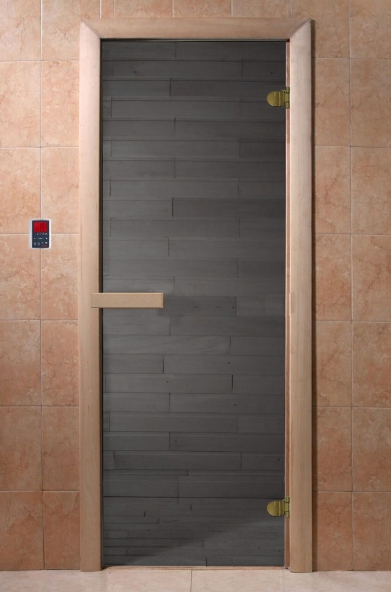 Дверь стеклянная для бани и сауны Сумерки 190х70, стекло 8мм, 2 петли, DoorWood графит прозрачное, коробка лиственная