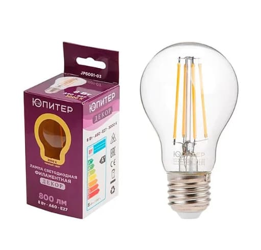 Лампа светодиодная филаментная А60 СТАНДАРТ JP6001-03 8Вт E27 3000K ЮПИТЕР ДЕКОР