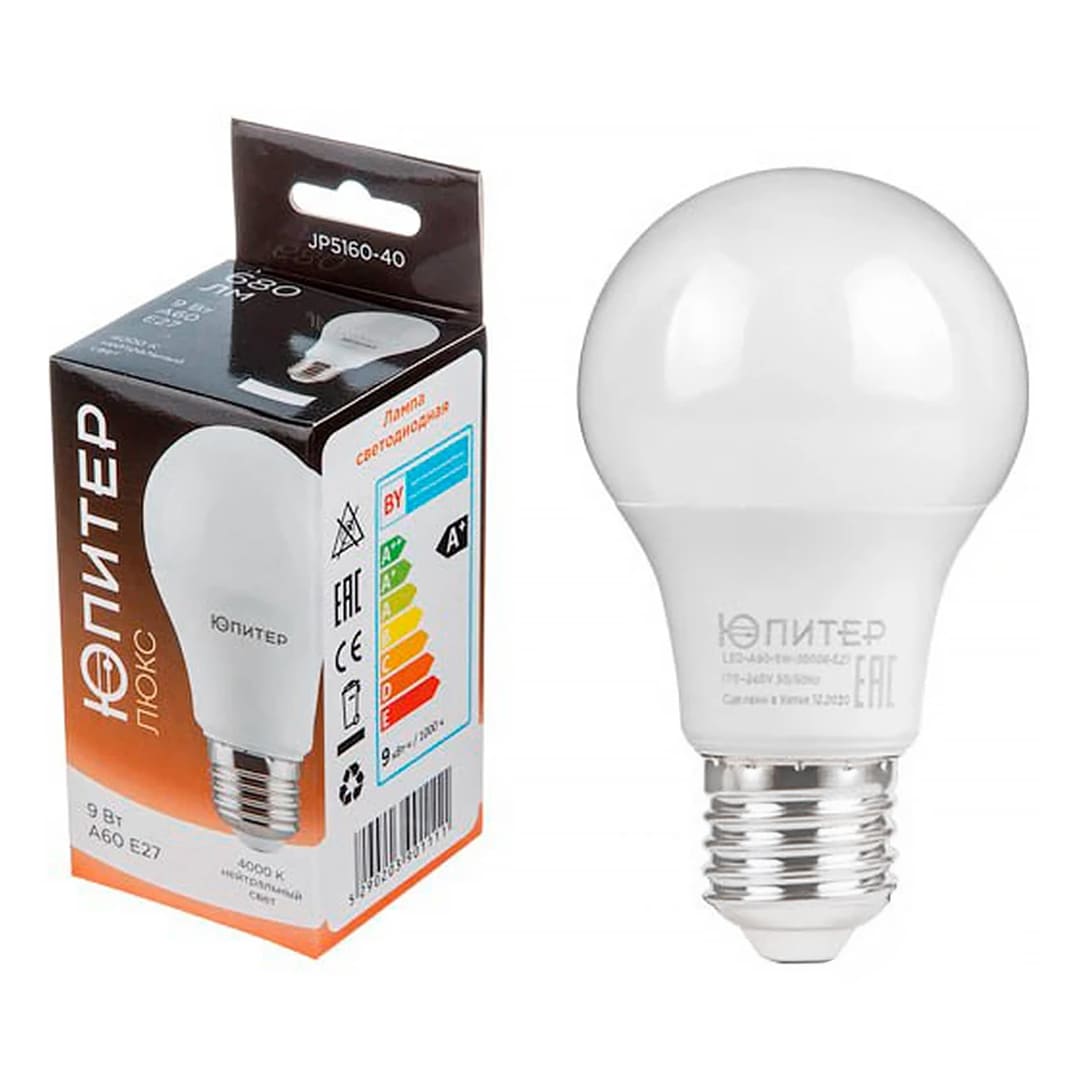 Лампа светодиодная A60 СТАНДАРТ JP5160-40 9Вт E27 4000K ЮПИТЕР ЛЮКС