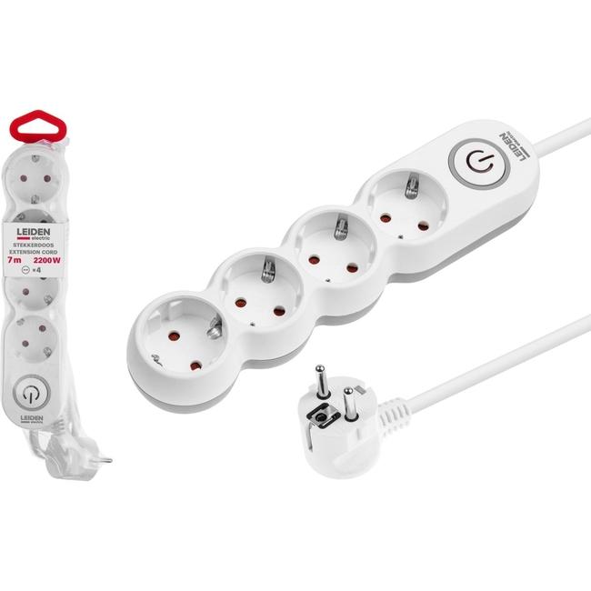 Удлинитель 4 розетки 7 м белый с заземлением и выключателем LEIDEN ELECTRIC 805047