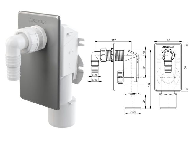 Сифон для стиральной машины под штукатурку хромированный, Alcaplast APS3
