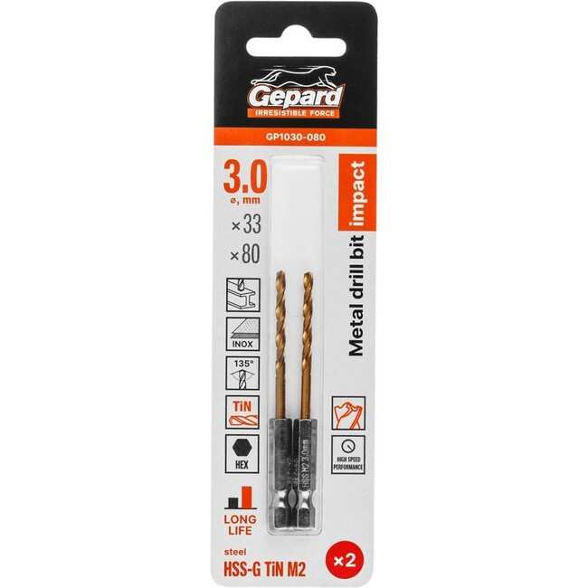 Сверло по металлу HSS-G-TiN 3.0 мм DIN 338 GEPARD GP1030-080