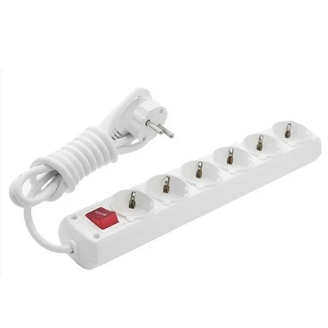 Удлинитель 6 розеток 5 м белый с заземлением и выключателем Borsan BR-1566-515
