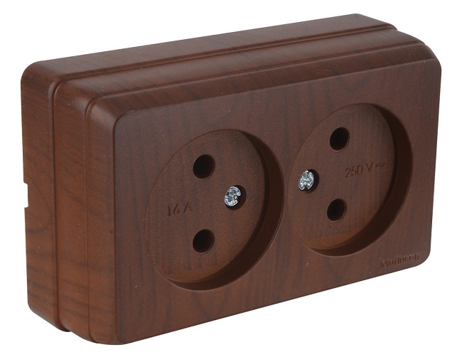 Розетка двойная наружная без заземления Bron орех, MUTLUSAN 2160 203 0257