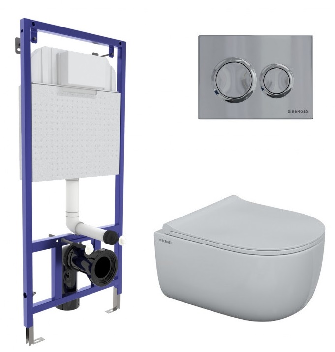Комплект BERGES: инсталляция NOVUM525 + унитаз EGO Rimless, сидение дюропласт Toma Slim SO
