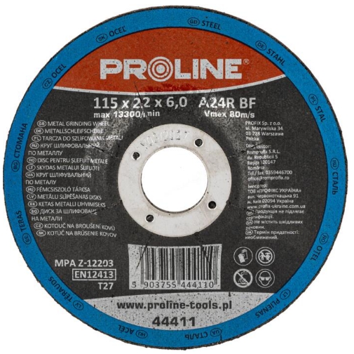 Диск шлифовальный по металлу (изогнутый) 230х6,0х22мм, A24R, Proline 44423