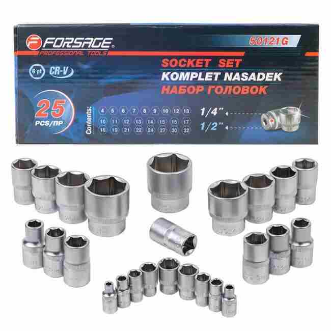 Набор головок бит и ключей 25 шт 1/4'' 1/2'' FORSAGE F-50121G