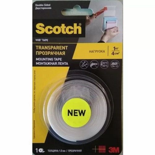 Лента двусторонняя прозрачная акриловая 12мм х 1,5м х 1мм, 3M Scotch 100-F