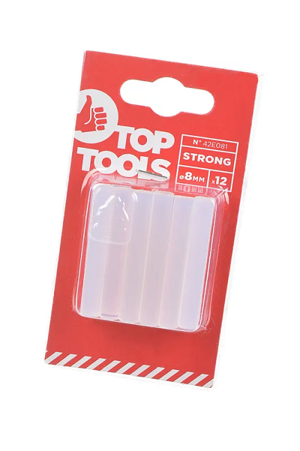 Стержни клеевые 8мм, 12 штук, прозрачные, TOP TOOLS 42E081