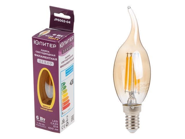 Лампа светодиодная филаментная CA35 JP6002-04 6Вт E14 3000K ЮПИТЕР ДЕКОР