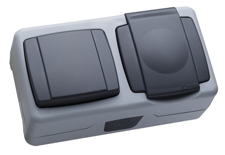 ВЫКЛЮЧАТЕЛЬ 1-клавишный серый + розетка 1-я с крышкой, 36064202 Makel