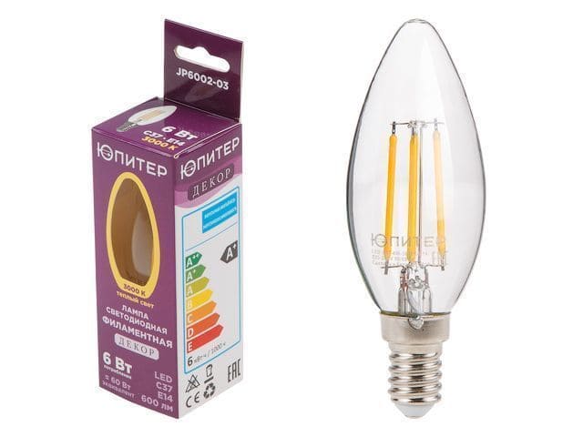 Лампа светодиодная филаментная C37 JP6002-03 6Вт E14 3000K ЮПИТЕР ДЕКОР