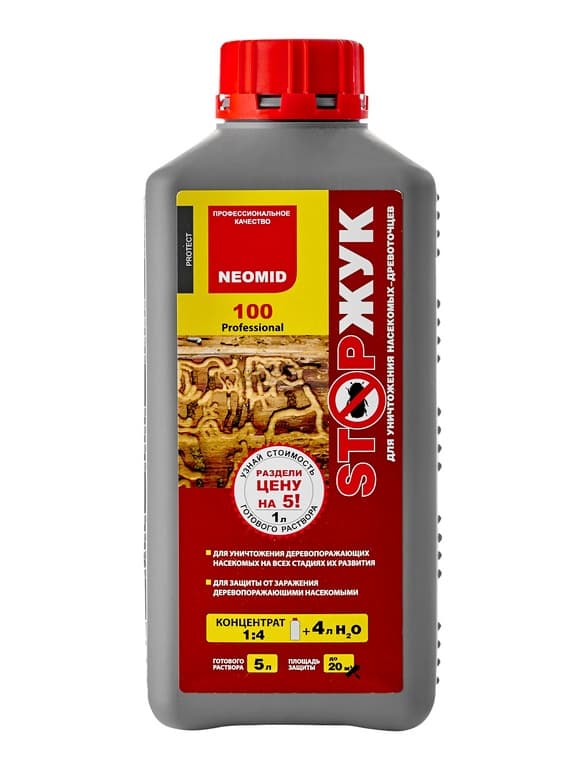 Состав для защиты древесины от насекомых антижук NEOMID 100 концентрат 1:4, 1 л