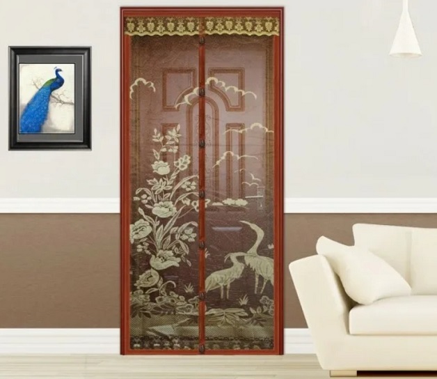 Штора антимоскитная на дверь на магнитах (коричневая, вышивка птицы) 100x210 см