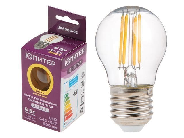 Лампа светодиодная филаментная G45 JP6004-03 6Вт E27 3000K ЮПИТЕР ДЕКОР