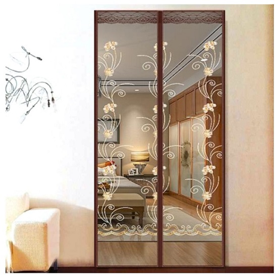 Штора антимоскитная на дверь на магнитах (коричневая, вышивка завитки с цветком) 100x210 см