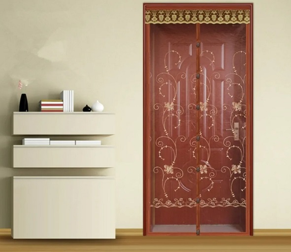 Штора антимоскитная на дверь на магнитах (коричневая вышивка узор) 100x210 см