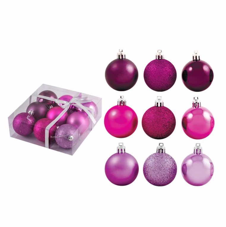 Набор новогодних шаров, фуксия 6 см., 9 шт, Волшебная страна, 001276