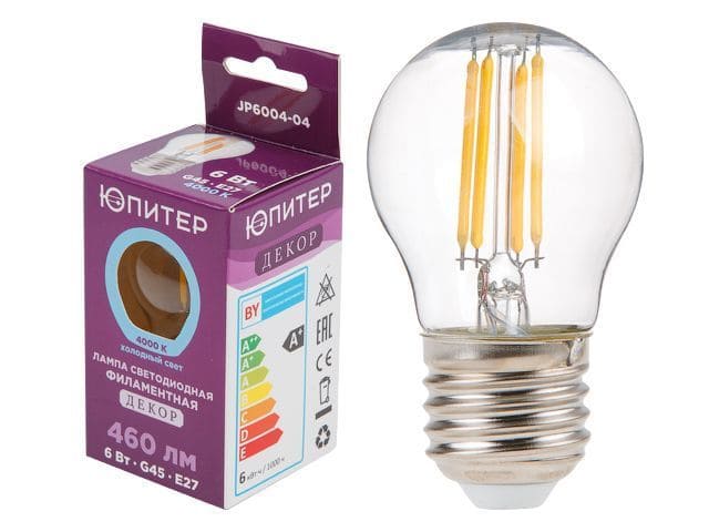 Лампа светодиодная филаментная G45 JP6004-04 6Вт E27 4000K ЮПИТЕР ДЕКОР