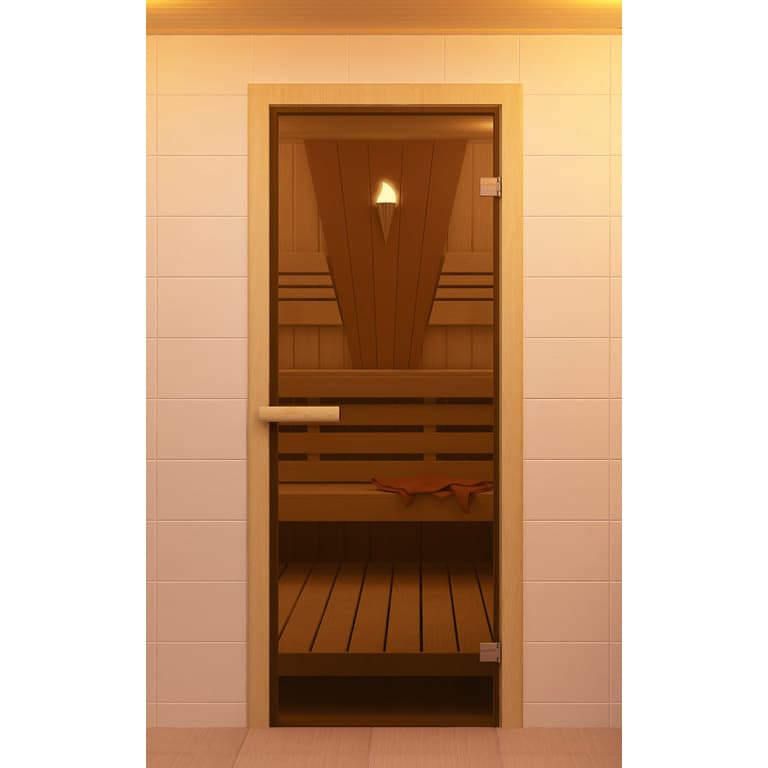 Дверь стеклянная для бани и сауны Бронза 190х70, стекло 6мм, 2 петли, коробка хвоя (DoorWood)