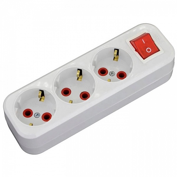 Разветвитель на 3 розетки с заземлением и выключателем, белый, AY-KA 77 133 00