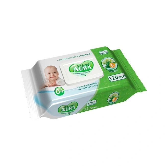 Влажные салфетки Ultra Comfort 0+ с алоэ и витамином Е 15 шт AURA