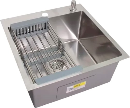 Мойка кухонная WGS-35050D сатин, с сифоном, коландером и дозатором, Wisent