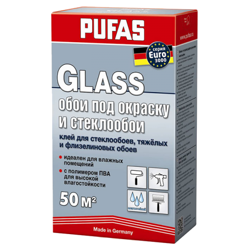 Клей обойный PUFAS GLASS для стеклообоев, тяжелых и флизелиновых EURO 3000, (50 м2), 500 г