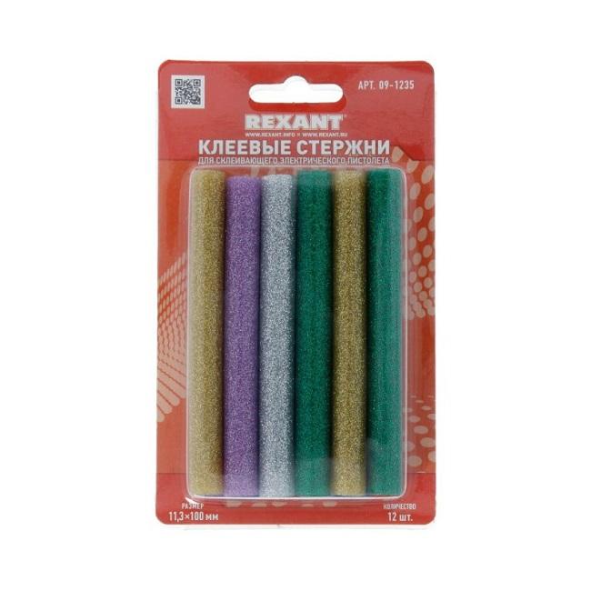 Клеевые стержни цветные с блёстками, 11.3x100 мм 12 штук, 09-1235, REXANT