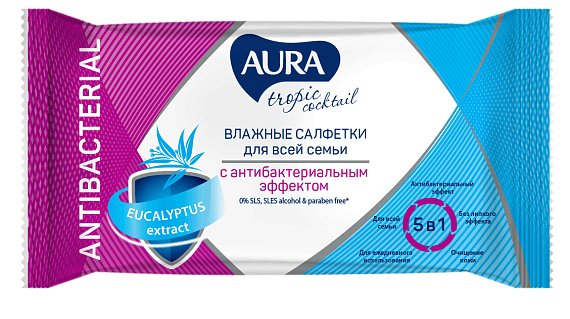 Салфетки влажные Aura 15шт Tropic Cocktail Антибактериальные