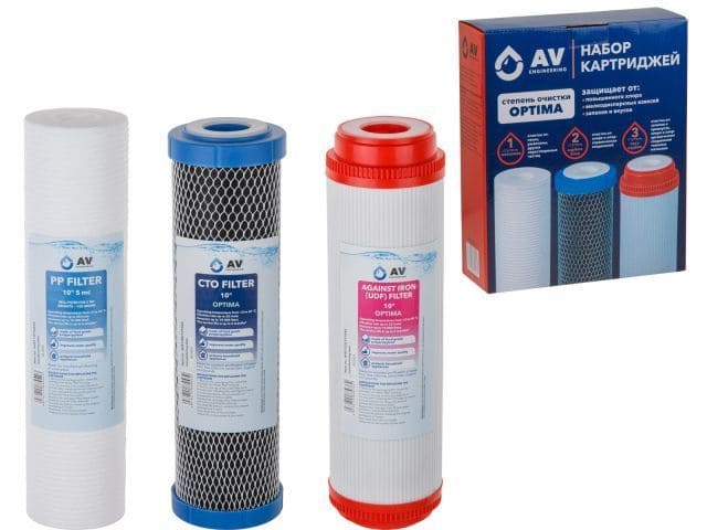 Комплект картриджей умягчающих Optima (PP, Уголь, Удаление железа) AV Engineering AVE-FS3-2