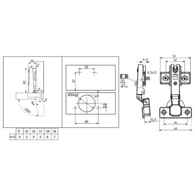 Петля накладная с доводчиком 100° 45мм H-0 slide-on AKS 37577 (еврошуруп)