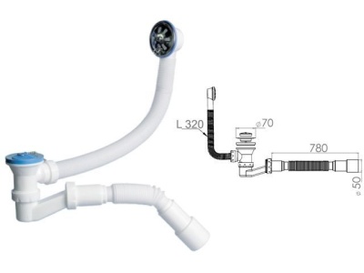 Сифон для ванны низкий h 120мм, выпуск 70 мм, с гибкой трубой 40х40/50 AVE129731 AV Engineering