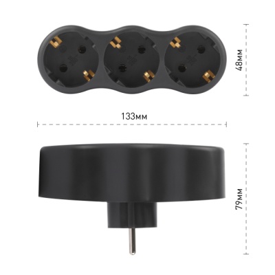 Разветвитель на 3 розетки с заземлением 16А черный ЭРА SPx-3e-B