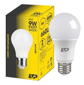 Лампа светодиодная LED-A60-9W-E27-4000K ETP