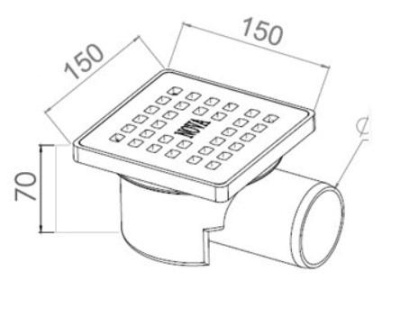Сливной трап горизонтальный D50 с сухим затвором, решетка нерж. 150х150мм (5026) NOVA