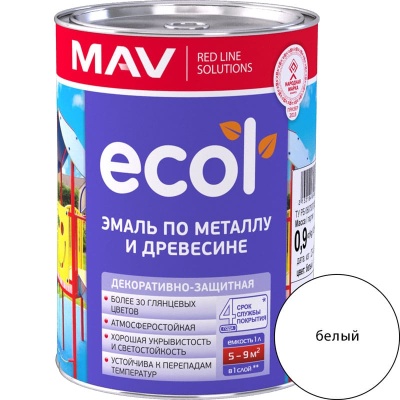 Эмаль ПФ-115 ECOL по металлу и древесине (белый, 1 л, 0.9 кг, матовый)