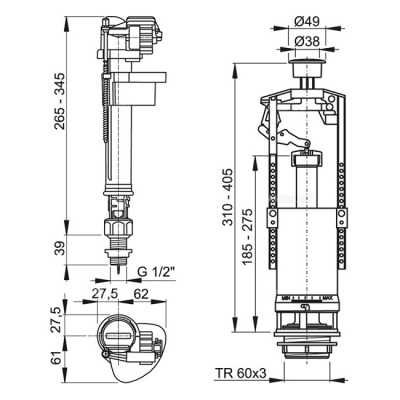 Арматура смывная, нижний подвод, Alcaplast SA2000SK 1/2" CHROM GRA-B