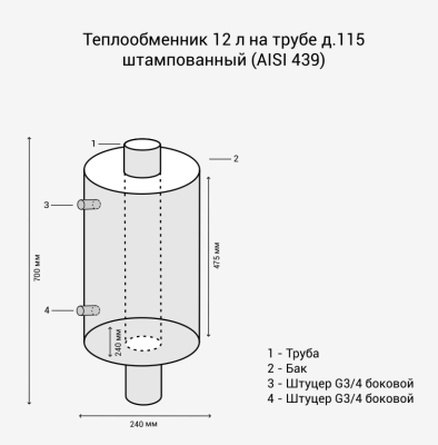Теплообменник на трубе 115 мм, 12 л. Везувий