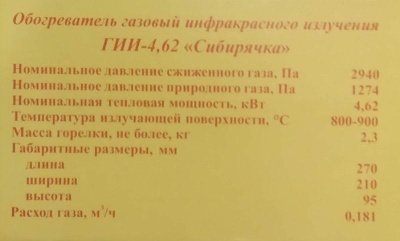 Газовый инфракрасный обогреватель Г.И.И. - 4,62 Сибирячка