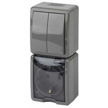 ВЫКЛЮЧАТЕЛЬ 2-клавишный серый + розетка 1-я с заземлением и крышкой, 11-7408-03 ЭРА Эксперт