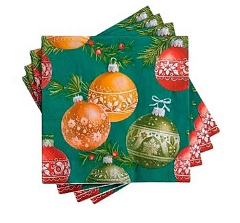 Салфетки бумажные Новогодние шары на зелёном 33x33 см Bouquet Home Collection Classic 20 шт
