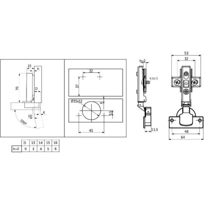 Петля накладная с доводчиком 100° 48мм H-2 clip-on AKS 108699 (еврошуруп)