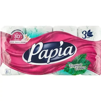 Бумага туалетная 3-слойная 8 рулонов Papia Tropical Exotics Бумага туалетная 3-слойная 8 рулонов Papia Tropical Exotics