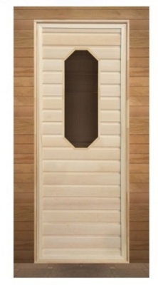 Дверь для бани деревянная с восьмиугольным стеклом 1900х700мм коробка хвоя