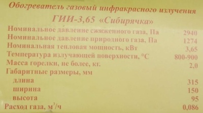 Газовый инфракрасный обогреватель Г.И.И. - 3,65 Сибирячка